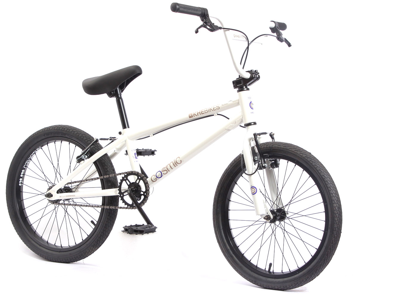 Dreiviertelansicht BMX Rad Cosmic weiß KHEbikes mit patentiertem AFFIX Rotor und hochwertigen V-Brakes