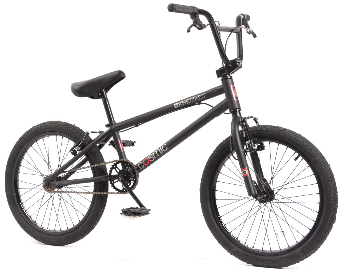 Dreiviertelansicht BMX Rad Cosmic schwarz KHEbikes mit V-Brakes und patentiertem AFFIX Rotor