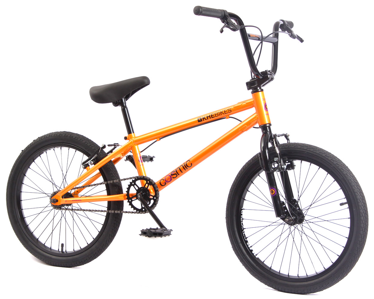 Dreiviertelansicht BMX Rad Cosmic orange KHEbikes mit V-Brakes und AFFIX Rotor