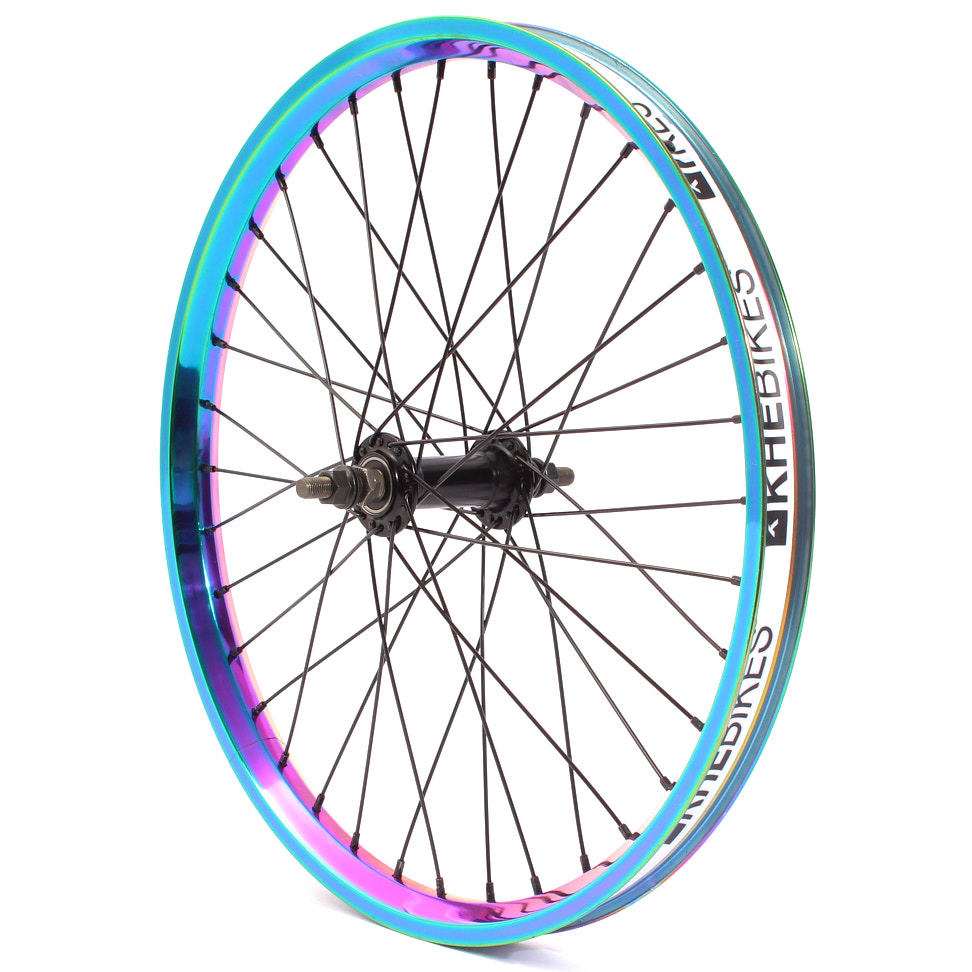 20 Zoll BMX Vorderrad in Oil Slick Vorderes Laufrad in Oil Slick mit weißem Felgenband und schwarzen Speichen