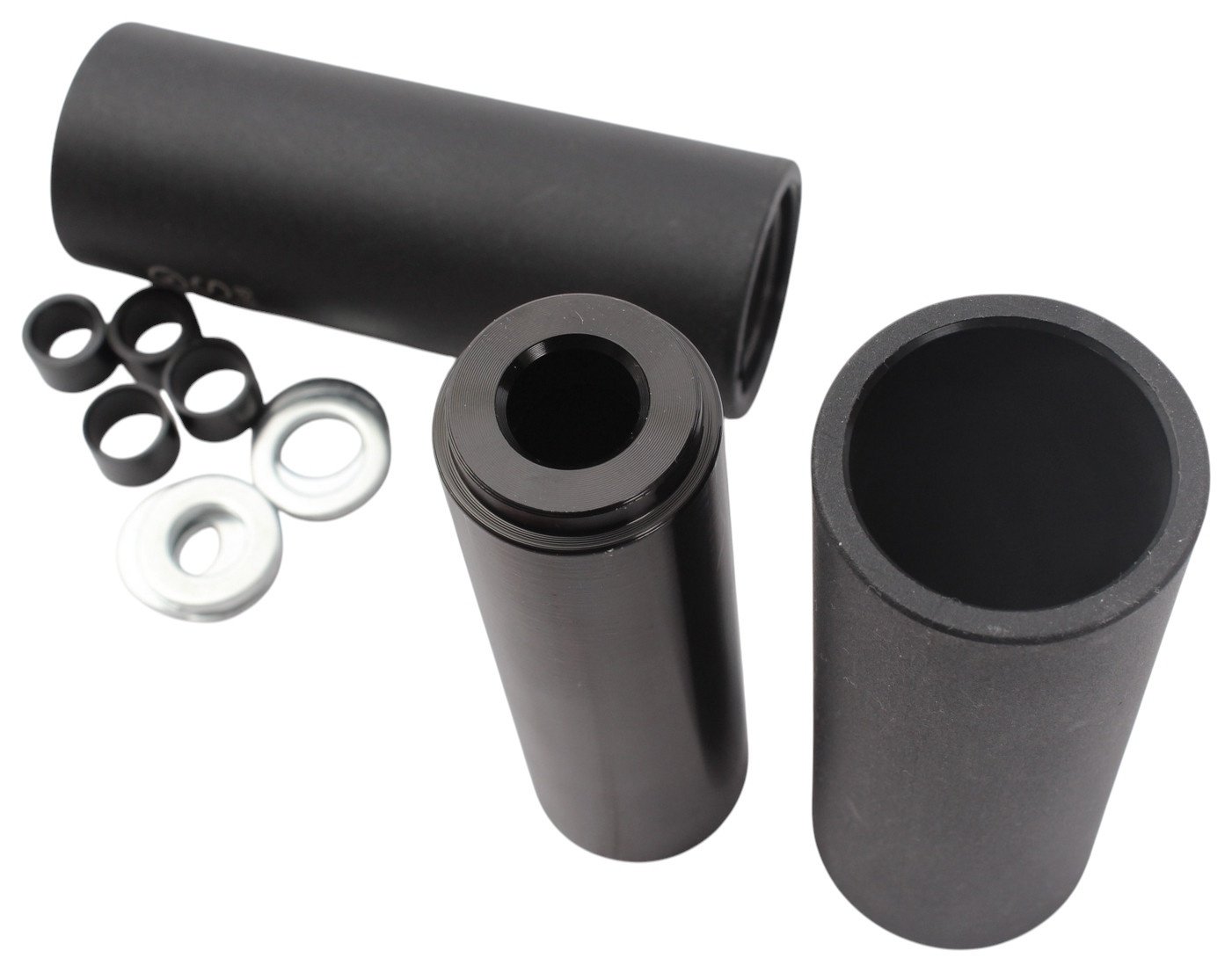 BMX Pegs KHE 2ND PRO PAAR, passend für 10 mm, 12 mm und 14 mm Achsen, inkl. Adapter und U-Scheiben, Länge 110 mm, Durchmesser 40 mm, Aluminiumkern mit Polycarbonat-Hülle, Gewicht 298 g (Paar), Farbe Schwarz, KHE Laser Logo, Einsatzbereich Grinds, BMX Free