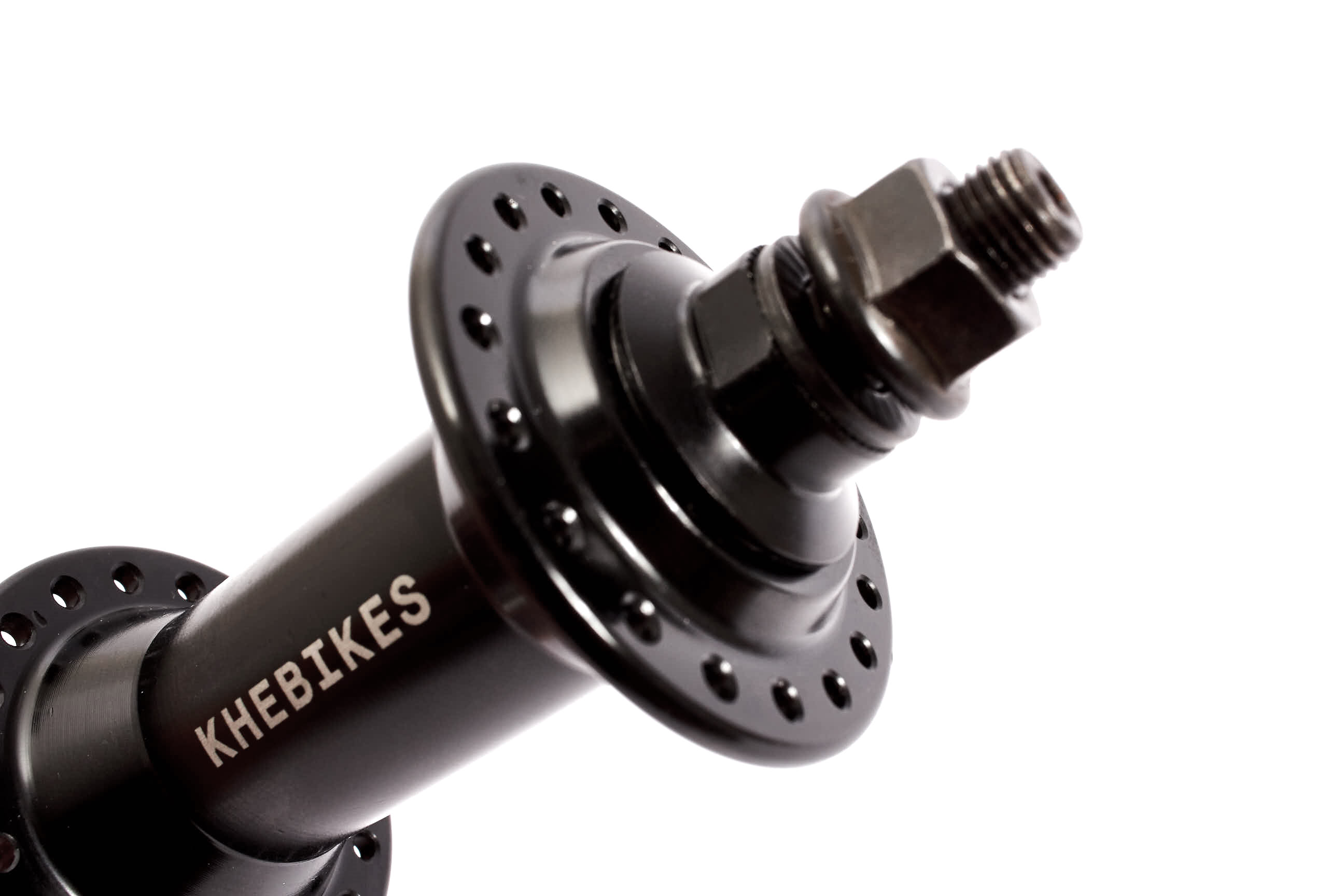 Vorderradnabe mit 36 Speichenlöcher und weißer KHEBikes Aufschrift Vorderradnabe mit 36 Speichenlöcher und weißer KHEBikes Aufschrift