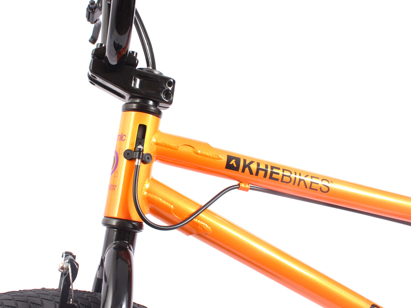 Patentierter AFFIX Rotor seitenansicht mit Verbindung zu Rahmen orange mit KHEbikes Logo schwarz