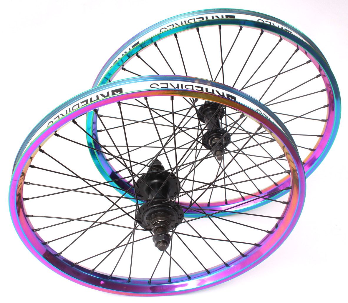 Set Ruote BMX KHE OIL SLICK In Alluminio - Mozzi Industriali 14mm, Pignone 9T, Cerchi MVP 32mm, 36 Fori, Peso Leggero